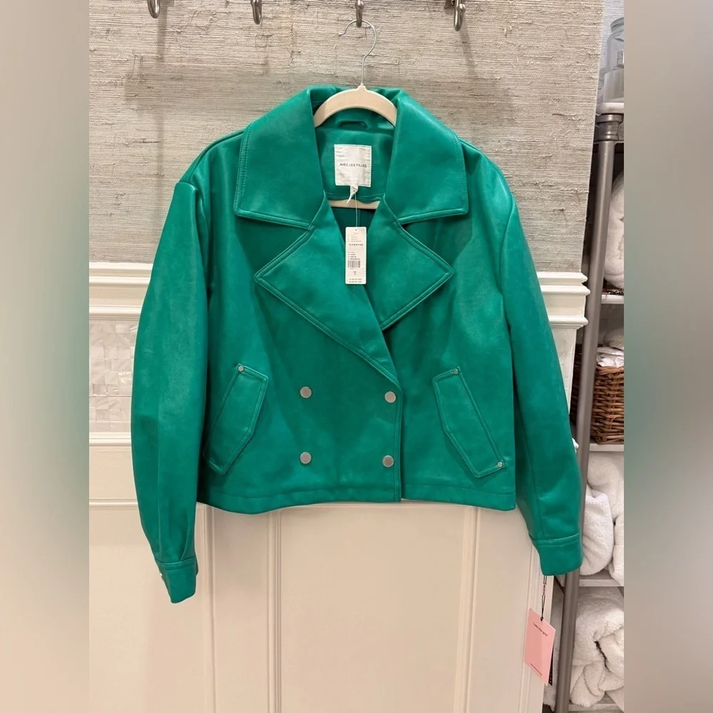 NWT new medium Anthropologie avec les fillies faux leather peacoat jacket green